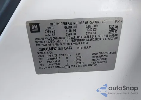 2013 GMC Terrain Sle-1 from USA, damaged, VIN 2GKALMEK1D6375443